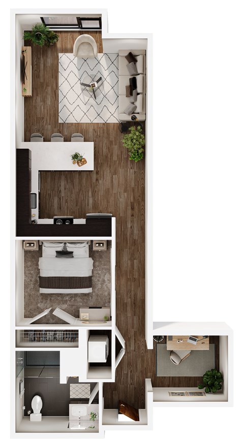 Floor plan for 1 bed, 1 bath, 894 sqft